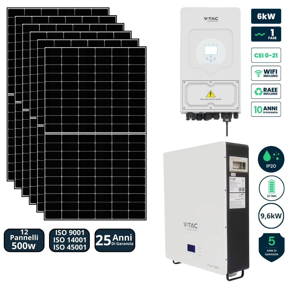 Kit Fotovoltaico Monofase 6000W con Inverter Ibrido e Accumulo Litio 9.6 kWh – Deje V-TAC