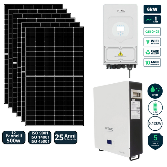 kit fotovoltaico monofase solare 6000W inverter ibrido 6kW deje v-tac batteria accumulo litio 5.12kW